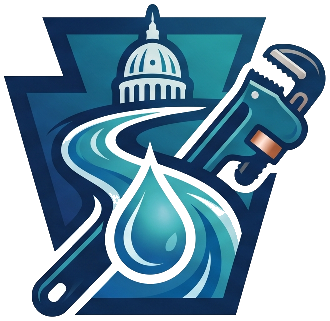Plumbing Experts Harrisburg logo, a Pennsylvania keystone with the Capitol dome, a pipe wrench and the Susquehanna river flow, home page